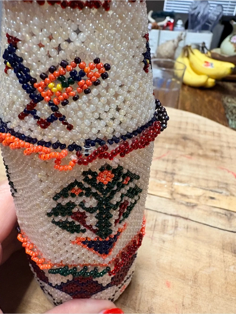 Vintage 1970’s Ethnic Tribal Handmade Beaded Decorative Glass Bottle 9” Tall